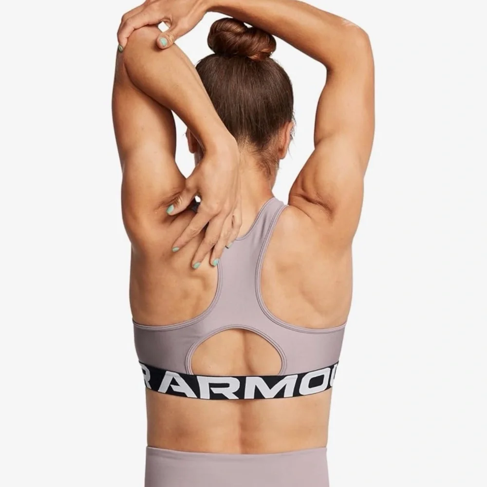 Under Armour HeatGear Mid Impact Branded Bra Tetra Gray/White Womens Size XL - Picture 2 of 10